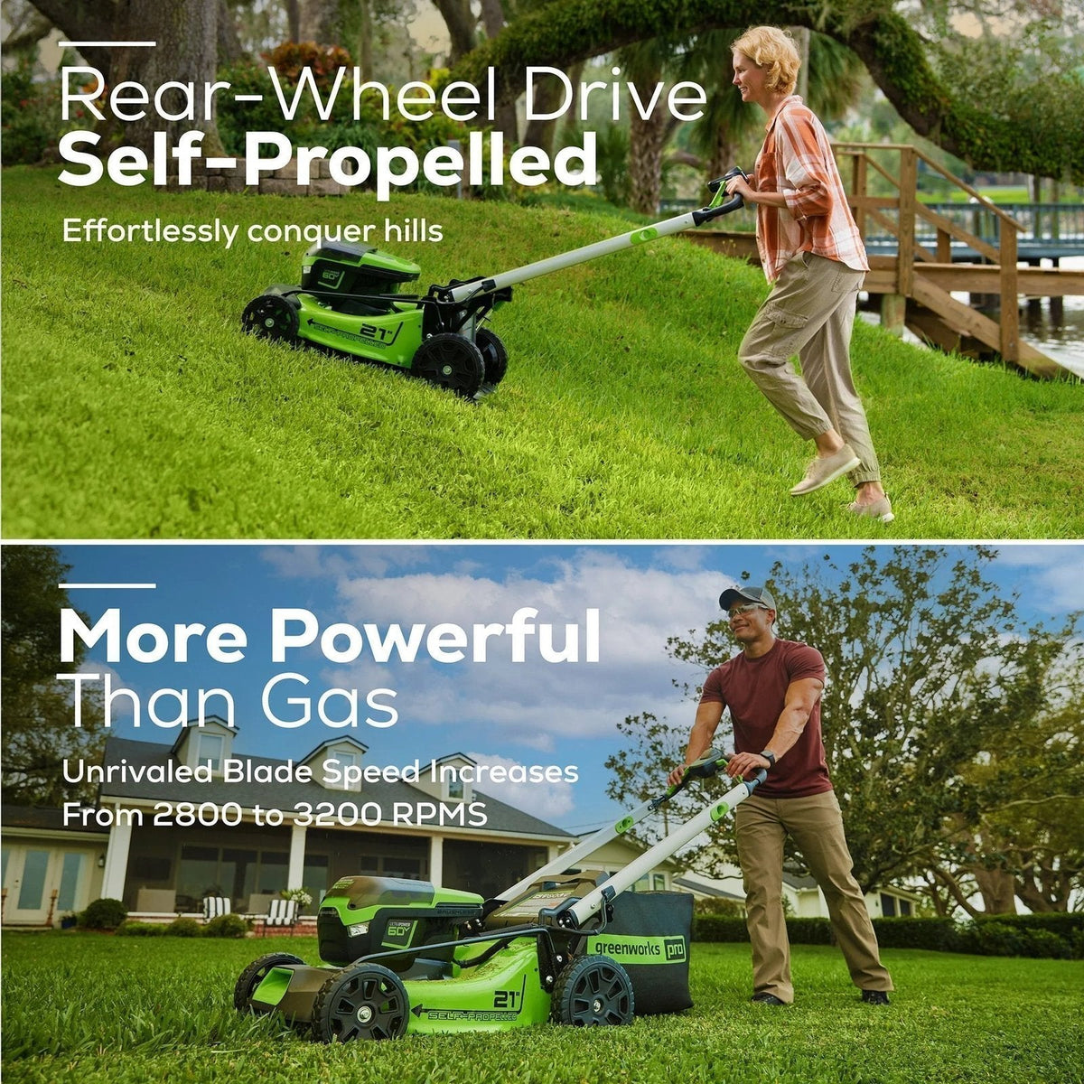 Greenworks 60V 21″ Brushless Self-Propelled Battery Powered Lawn Mower + (2) 4.0Ah Batteries & Dual Port Charger
