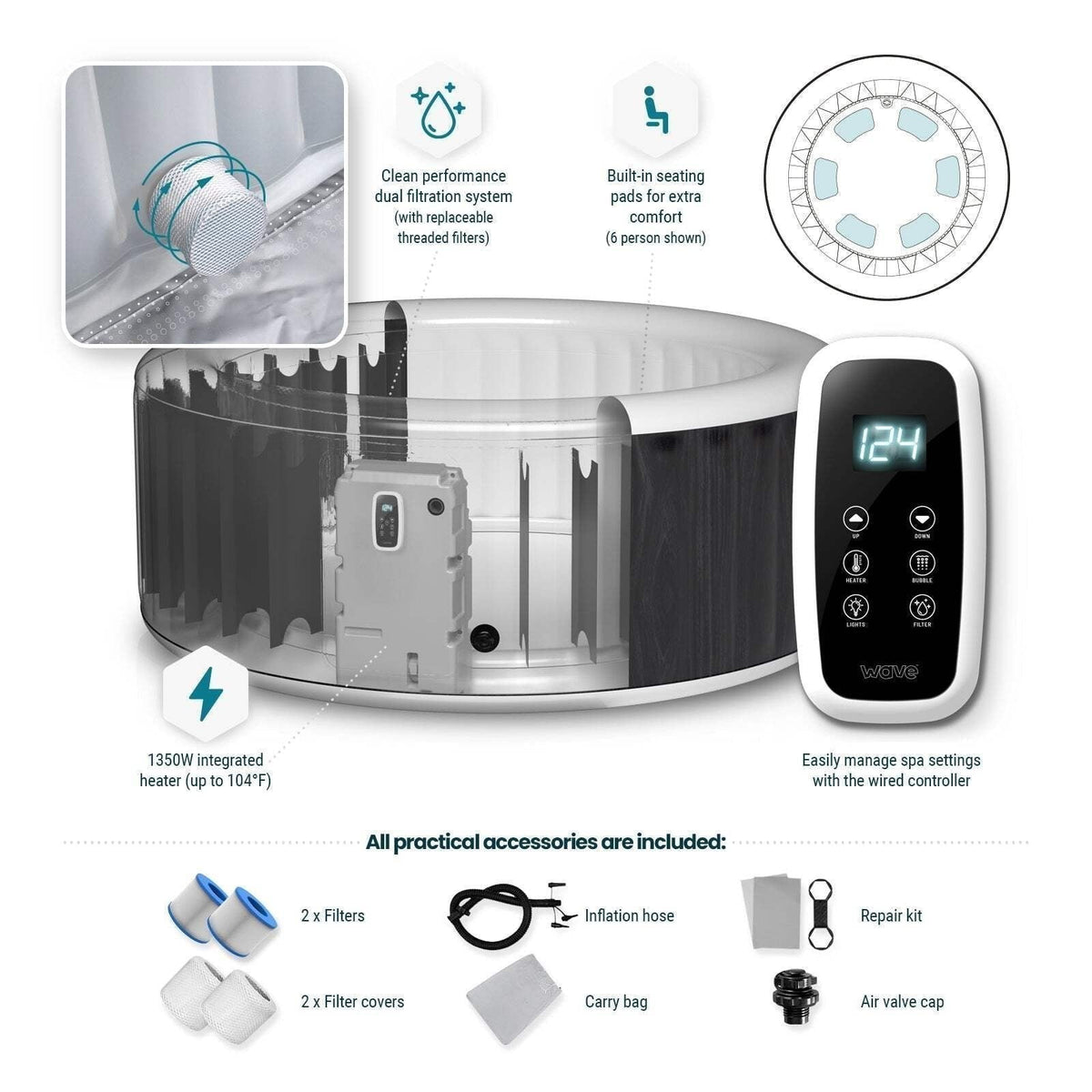 Wave Atlantic 6-Person Inflatable Hot Tub | Integrated Eco Heater | 130 Aquajet Massage System | Anti-Freeze Protection | Quick 15-Minute Setup | Gray Rattan