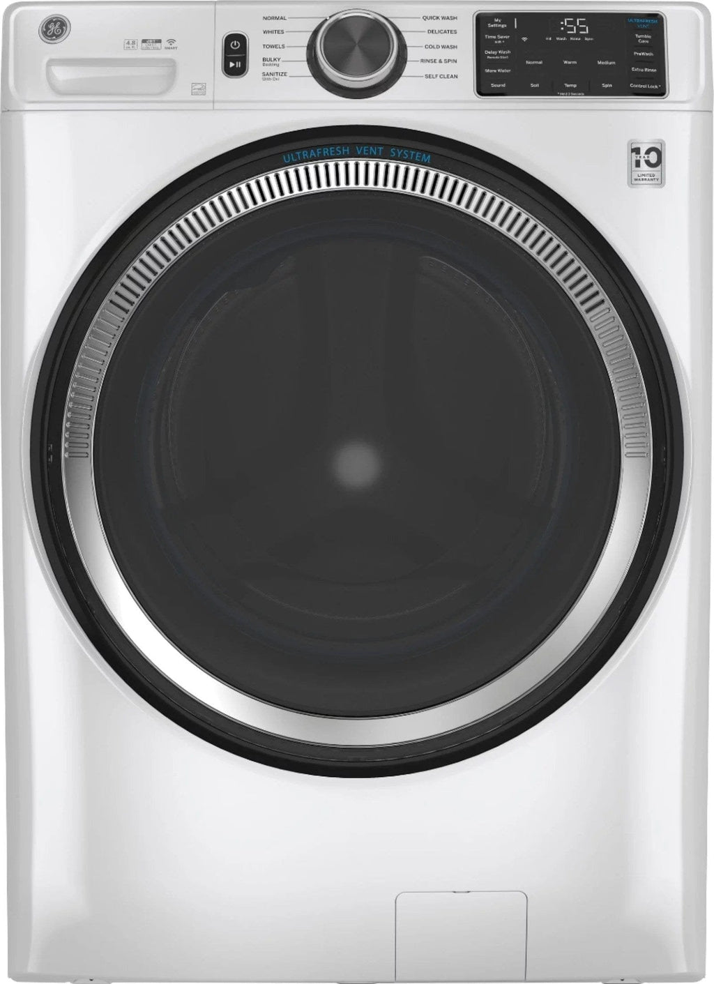 GE – 4.8 CuFt High-Efficiency Stackable Smart Front Load Washer w/UltraFresh Vent System & Microban Antimicrobial Technology – White on white